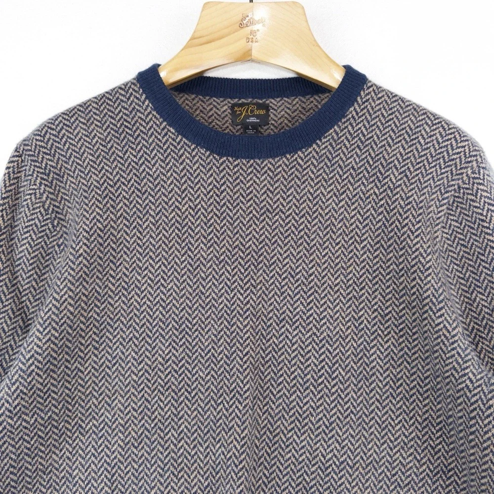J.Crew 100% Cashmere Herringbone Jacquard Crewneck Sweater Men's Large Blue Tan